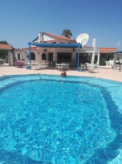 Zicht op de bar en terras